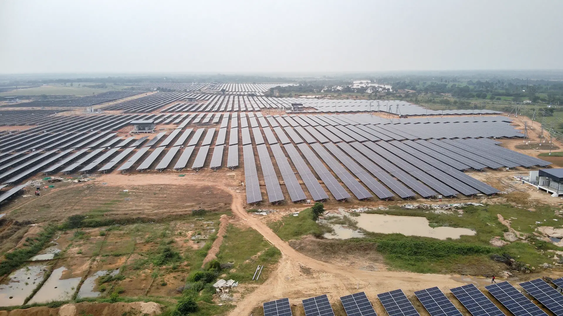Aerial view of the 116 MW Pudugai Solar Park, Keeranur near Trichy