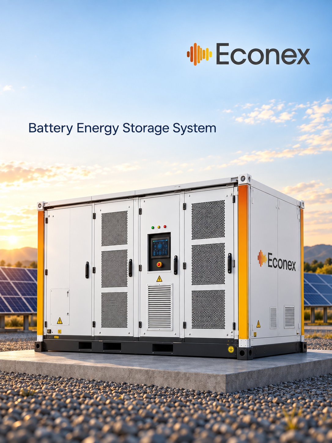 Containerised Exicom x Econex battery energy storage system installed beside a solar array