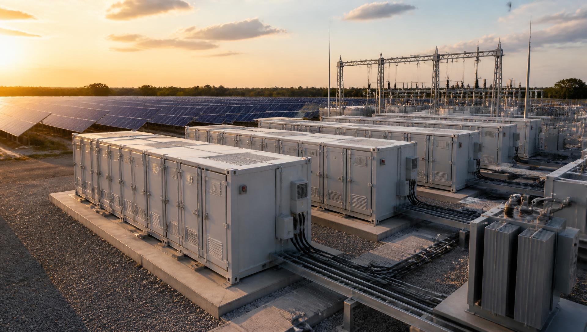 Containerised battery energy storage system beside a solar array