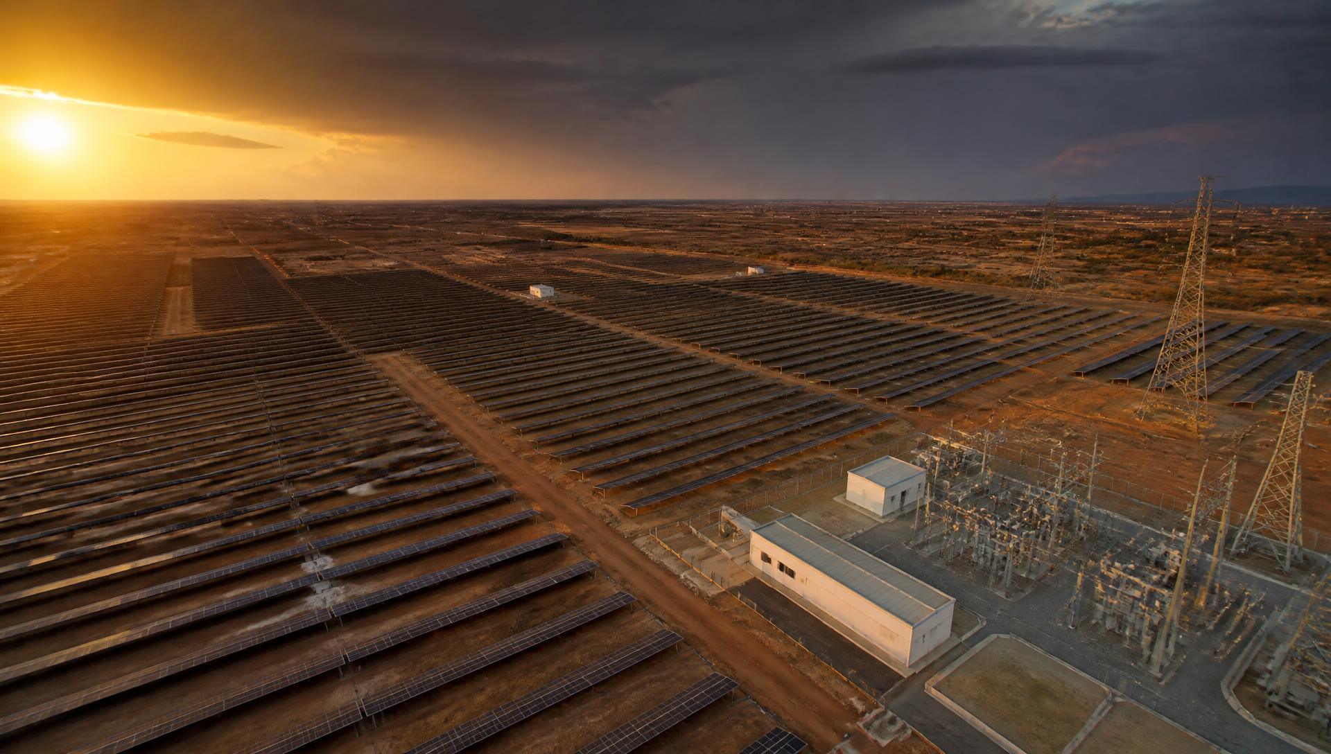 Aerial view of a utility-scale ground-mount solar plant with an adjacent substation switchyard