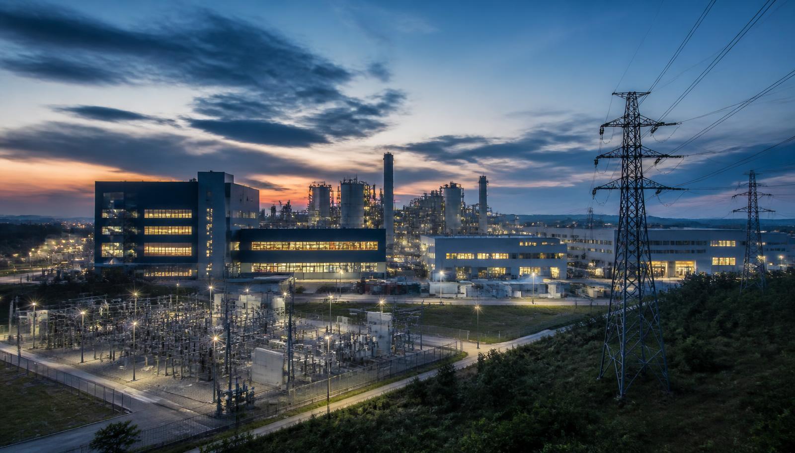 Industrial offtaker campus at dusk beside a high-voltage substation