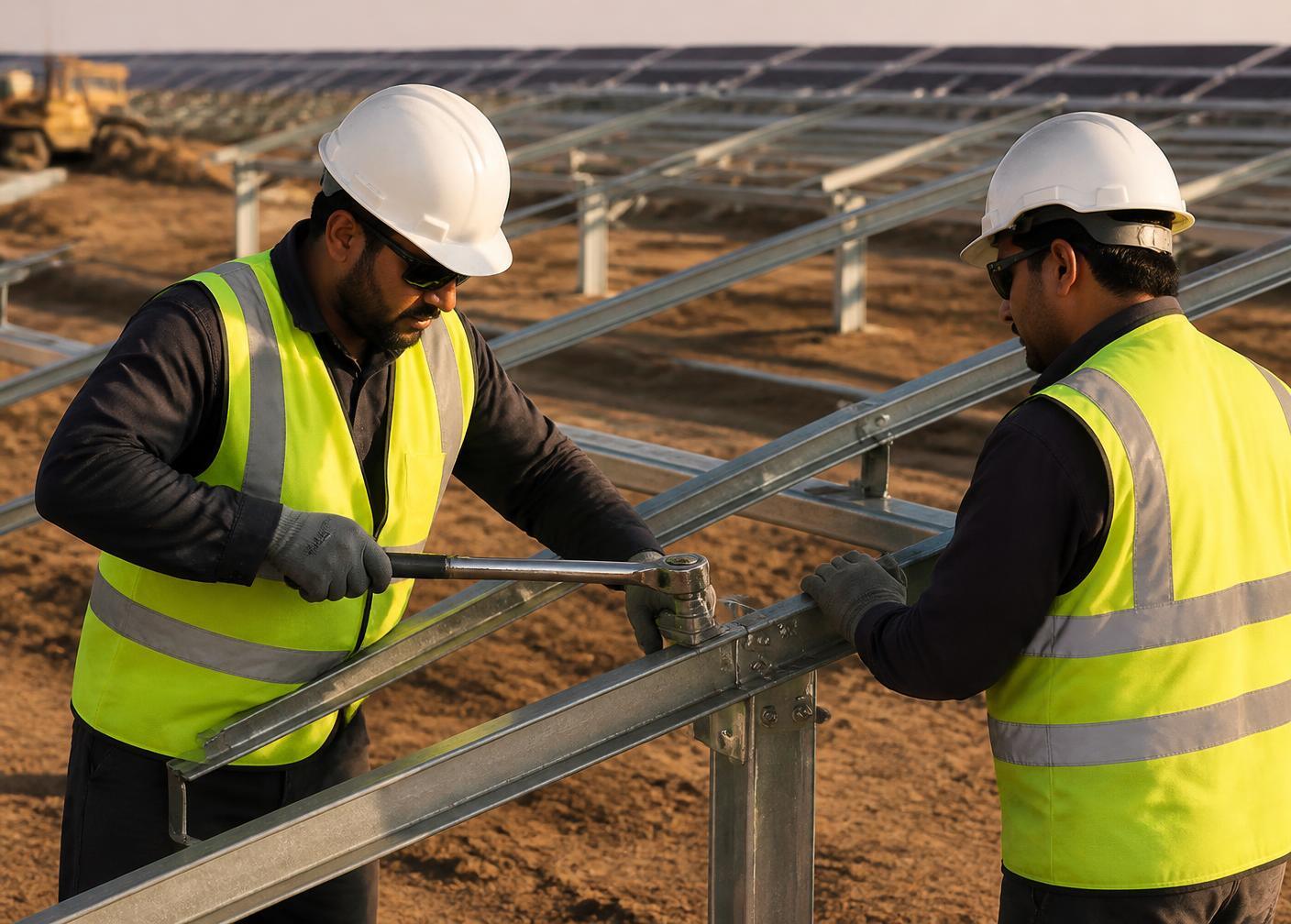 DVN site engineers torque-checking a module mounting structure during construction