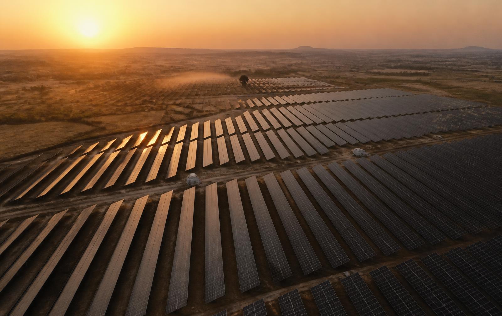 Aerial view of a utility-scale solar array at golden hour